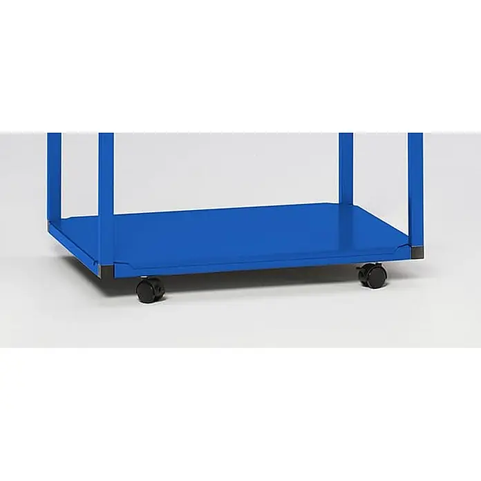 Proregal Müllsackständer - Robuster Müllsackhalter aus Vierkantrohren -  - Blauer Metallwagenboden mit schwarzen Rollen und Schutzeckkappen.