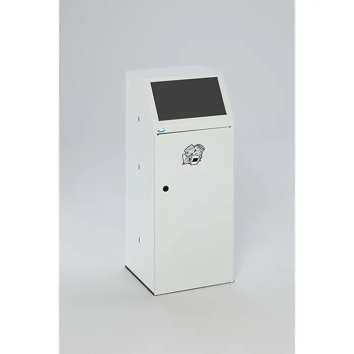Proregal Wertstoffsammler robust mit Fronttür & Inneneinsatz - 40,5 x 40 x 100,5 cm, 90 l - Weißer freistehender Digitalkiosk mit geneigtem schwarzem Bildschirm, VAR-Logo und einem grafischen Aufkleber.