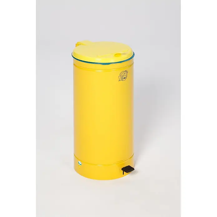 Proregal Treteimer großvolumiger mit Euro-Pedal - 70 l, Stahl, Gelb - Leuchtend gelber zylindrischer Treteimer mit passendem Deckel, blauem Rand und schwarzem Fußpedal.