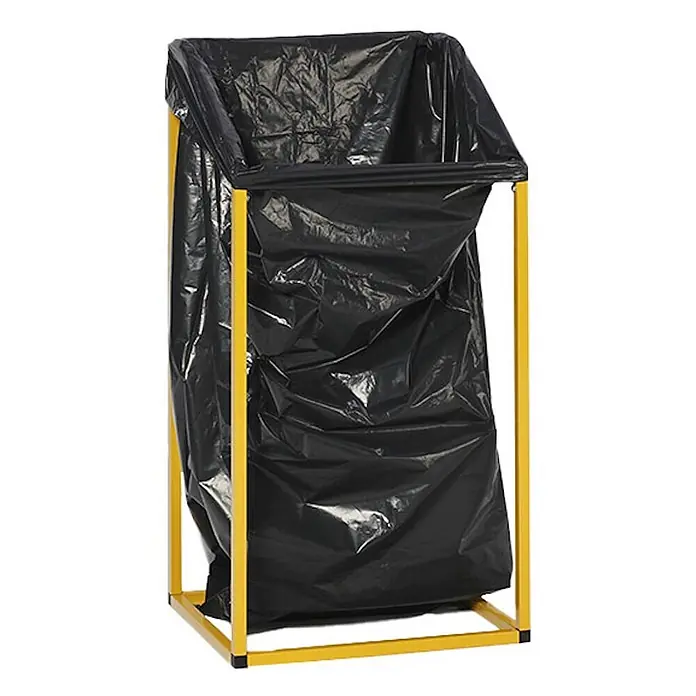 Proregal Müllsackständer - Robuster Müllsackhalter aus Vierkantrohren -  - Gelber Metallmüllbeutelständer mit schwarzem Plastikmüllsack.