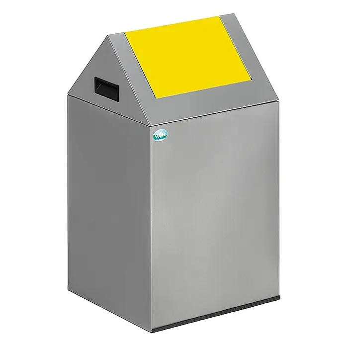 Proregal Wertstoffsammler selbstlöschend mit Einwurfklappe - 32 x 32 x 60 cm, 43 l - Grauer, rechteckiger Metall-Recyclingbehälter mit gelbem, hausförmigem Deckeleinwurf und seitlichem Griff.