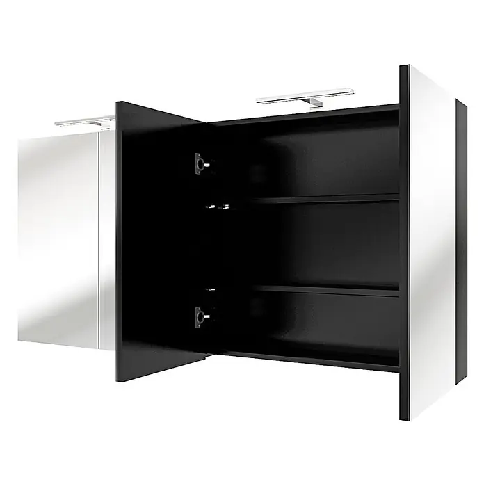 AcquaVapore Spiegelschrank Fertigdusche City-SPS-B160-F07-LED - B x H: 16 x 75 cm - Spiegelschrank mit offener Tür, schwarzem Innenraum mit Einlegeböden und integrierter LED-Beleuchtung.