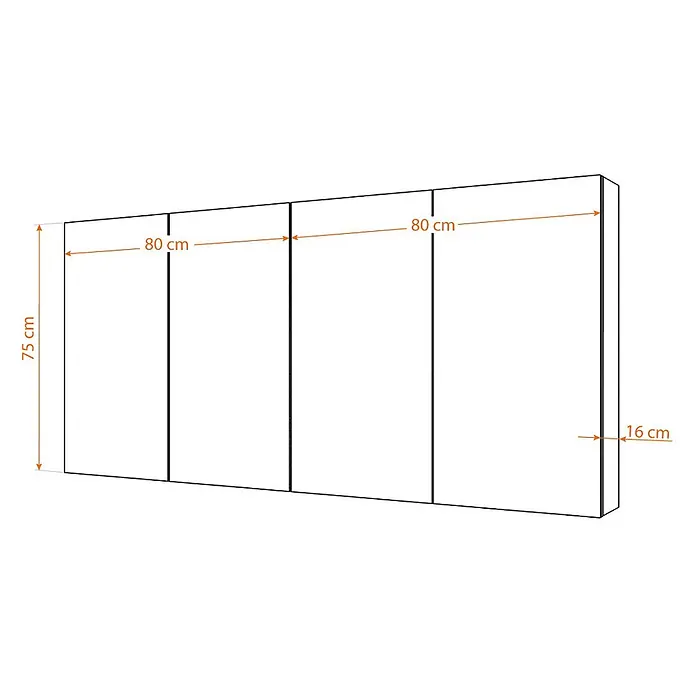 AcquaVapore Spiegelschrank Fertigdusche City-SPS-B160-F07-LED - B x H: 16 x 75 cm - Maßzeichnung von vier verbundenen Paneelen: 320 cm Gesamtbreite, 75 cm Höhe, 16 cm Tiefe.