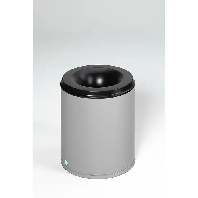 Proregal Papierkorb selbstlöschend - 80 l, Stahl, Silber - Grauer zylindrischer Abfalleimer mit schwarzem, trichterförmigem Deckel.