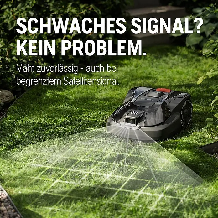 Husqvarna Mähroboter Aspire R6V - 600 m², Schnittbreite: 22 cm, Satellitengestützte Navigation, GPS - Ein schwarzer Mähroboter mit Lichtmuster mäht Gras, das seine zuverlässige Funktion auch bei schwachem Signal hervorhebt.