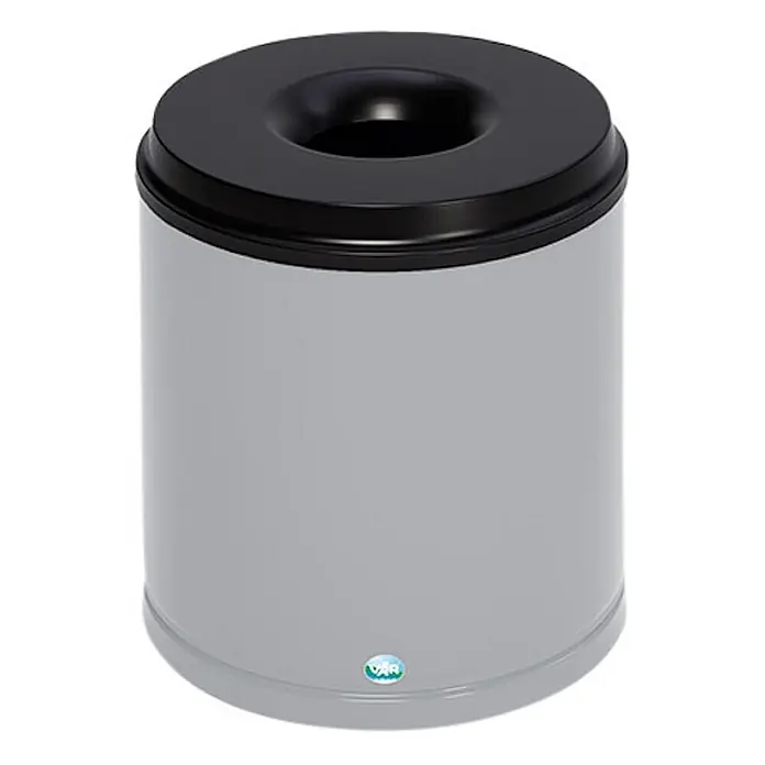 Proregal Papierkorb selbstlöschend - 30 l, Stahl, Grau - Grauer zylindrischer Abfalleimer mit schwarzem Trichterdeckel.