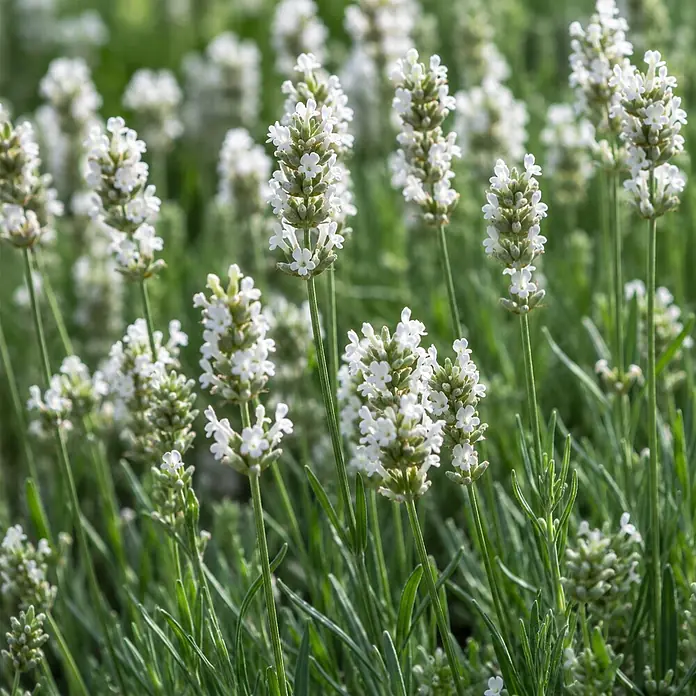 Piardino Lavendel - Lavandula angustifolia, Topfgröße: 9 cm, Weiß - Nahaufnahme von zarten weißen Lavendelblüten, die in einem Garten blühen.