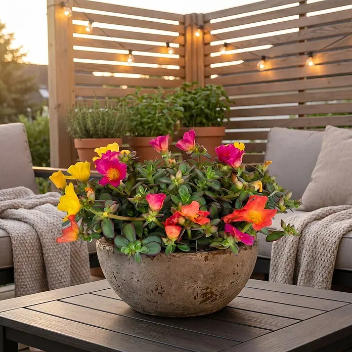 Piardino Portulak - Portulaca umbraticola, Topfgröße: 17 cm - Rustikaler Schalenpflanzer mit leuchtend gelben, pinken und orangefarbenen Blumen auf einem Gartentisch.