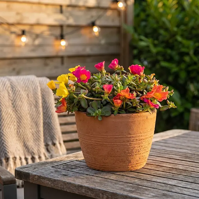 Piardino Portulak - Portulaca umbraticola, Topfgröße: 17 cm - Terrakottatopf mit leuchtend gelben, pinken und orangefarbenen Blumen auf einem Holztisch im Freien.