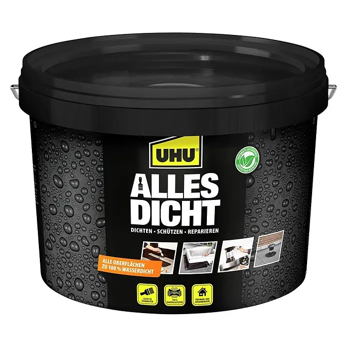 UHU Dichtmasse Alles Dicht - 2,5 l - Schwarzer Eimer UHU Alles Dicht Dichtmasse für 100% wasserdichte Versiegelung, Schutz und Reparatur von Oberflächen.