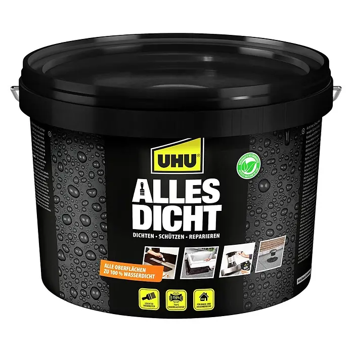 UHU Dichtmasse Alles Dicht - 5 l - Schwarzer UHU Alles Dicht Dichtungseimer für 100% Wasserdichtigkeit, zum Abdichten, Schützen und Reparieren aller Oberflächen, innen & außen.