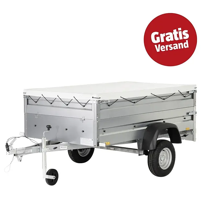 Stema Anhänger BH 7.5-20-12.1B mit Bordwandaufsatz u. Flachplane - Nutzlast: 583 kg, Einachser, Kasteninnenmaß: 201 x 117 x 60 cm, Ungebremst - Ein verzinkter Anhänger mit weißer Plane und schwarzen Reifen. Vorne ist ein Stützrad angebracht.