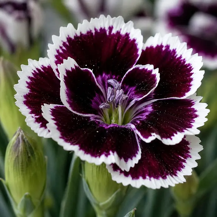 Piardino Gartennelke - Dianthus caryophyllus Diaz, Topfgröße: 19 cm, Violett - Nahaufnahme einer lila Blüte mit weißen gezackten Rändern und sichtbarem Zentrum.