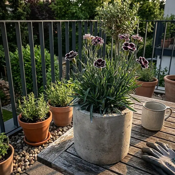 Piardino Gartennelke - Dianthus caryophyllus Diaz, Topfgröße: 19 cm, Violett - Runder grauer Beton-Pflanztopf mit einer blühenden Pflanze auf einem hölzernen Gartentisch.