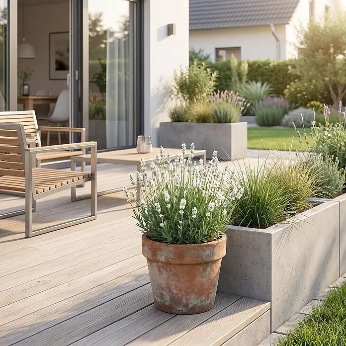 Piardino Lavendel - Lavandula angustifolia, Topfgröße: 9 cm, Weiß - Moderne Holzterrasse mit Betonkübeln und duftendem Lavendel, die einen ruhigen Außenbereich schafft.