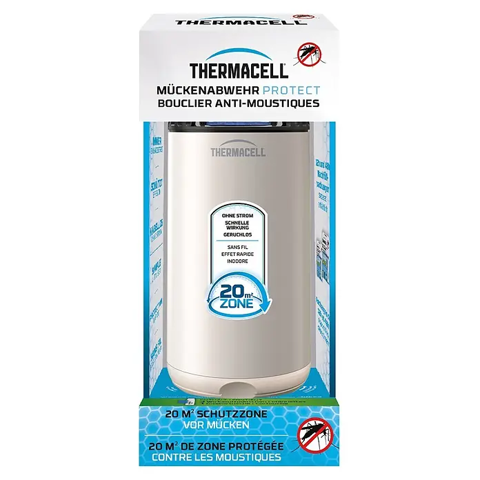 Thermacell Stechmückenschutz Tischgerät Protect mit Gaskartusche & Wirkstoffplättchen - Matt Weiß, Wirkungsbereich: 20 m² - Weiß-silbernes Thermacell Mückenabwehrgerät in Verpackung, bietet eine 20m² Schutzzone.