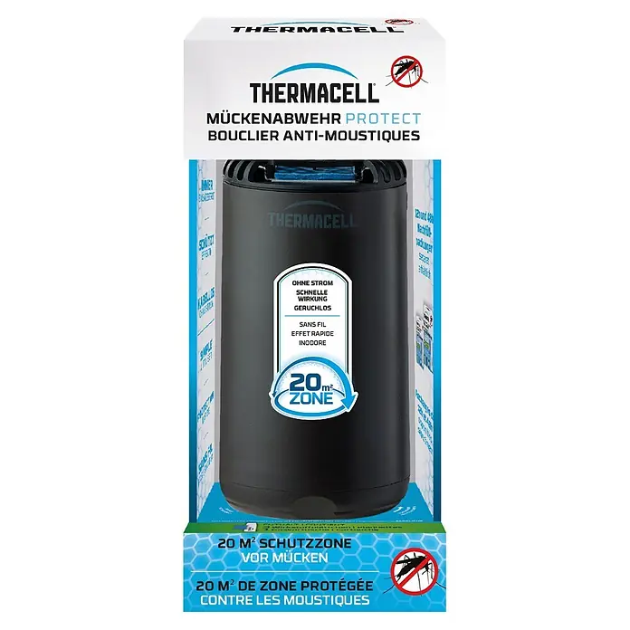 Thermacell Stechmückenschutz Tischgerät Protect mit Gaskartusche & Wirkstoffplättchen - Matt Schwarz, Wirkungsbereich: 20 m² - Schwarzes Thermacell Mückenabwehrgerät in Verkaufsverpackung. Bietet eine 20m² Schutzzone, ist kabellos und geruchlos.