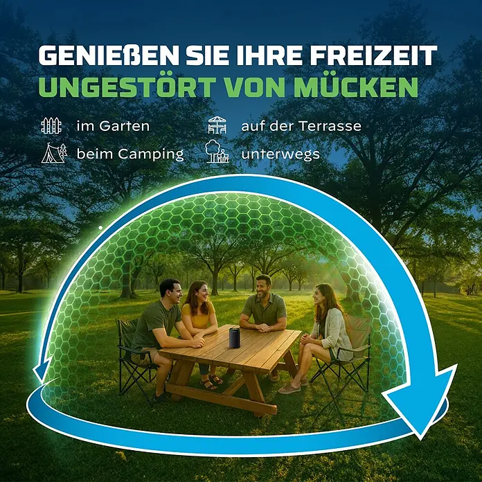 Thermacell Stechmückenschutz-Nachfüllpackung 12 Stunden - Wirkungsdauer: 12 h, Wirkstoff: Citridoraöl - Schwarzes zylindrisches Mückenschutzgerät auf einem Picknicktisch, das Menschen im Freien vor Mücken schützt.