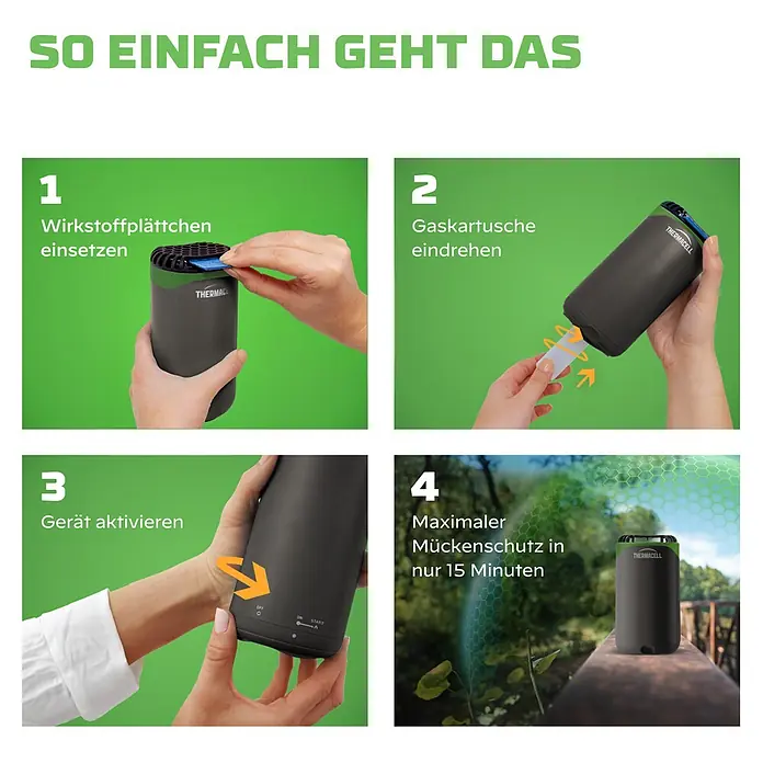 Thermacell Stechmückenschutz-Nachfüllpackung Backpacker 48 Stunden - Wirkungsdauer: 48 Wochen, Wirkstoff: Citridoraöl - Anleitung zur Vorbereitung und Aktivierung eines dunkelgrauen Thermacell Mückenabwehrgeräts für den Außeneinsatz.