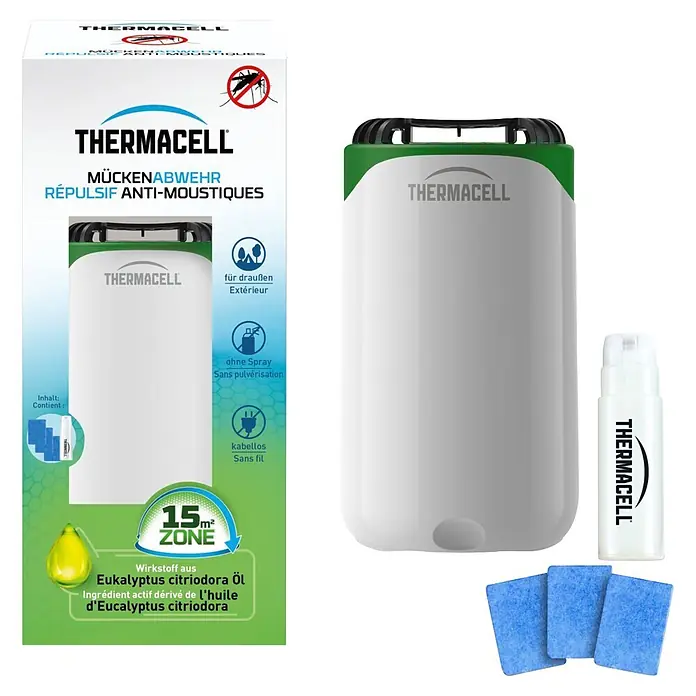 Thermacell Stechmückenschutz Tischgerät Protect mit Gaskartusche & Citrodiol® Wirkstoffblättchen - Weiß/Grün, Wirkungsbereich: 15 m² - Thermacell Mückenabwehrgerät (weiß/grün) mit Nachfüllflasche und drei blauen Repellent-Matten.