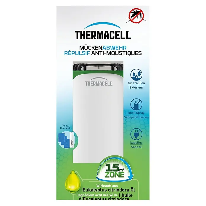 Thermacell Stechmückenschutz Tischgerät Protect mit Gaskartusche & Citrodiol® Wirkstoffblättchen - Weiß/Grün, Wirkungsbereich: 15 m² - Thermacell Mückenabwehrgerät, weiß mit grünem Sockel, mit Nachfüllmatten und Kartusche. Bietet 15m² Außenschutz durch Eukalyptusöl.