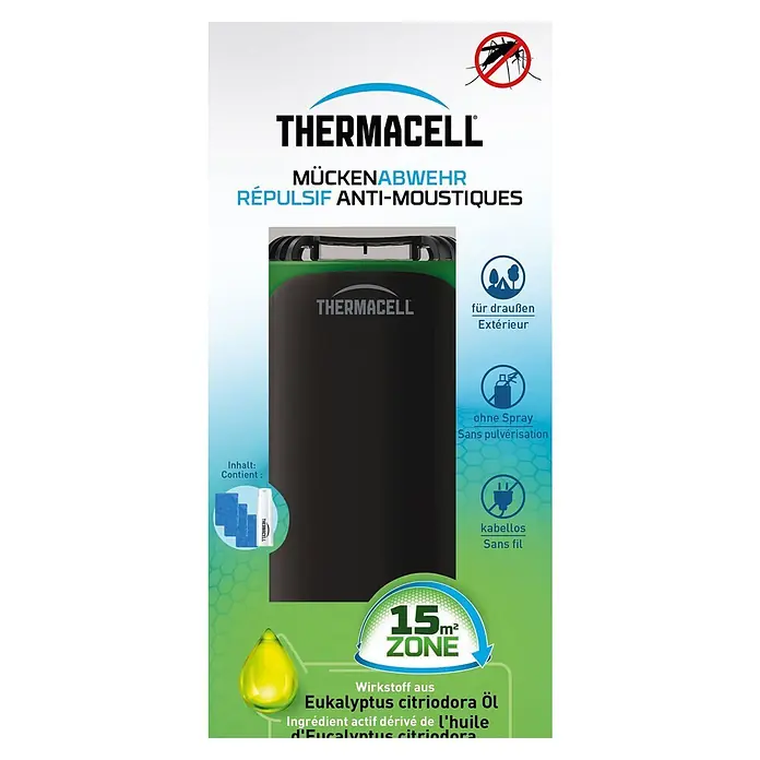 Thermacell Stechmückenschutz Tischgerät Protect mit Gaskartusche & Citrodiol® Wirkstoffblättchen - Schwarz/Grün, Wirkungsbereich: 15 m² - Thermacell Mückenabwehrgerät (schwarz/grün), draußen nutzbar, kabellos, 15m² Wirkbereich mit Eukalyptusöl.
