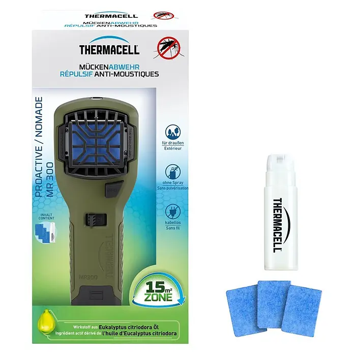 Thermacell Stechmückenschutz Handgerät Proactive mit Gaskartusche & Citrodiol® Wirkstoffblättchen - Grün, Wirkungsbereich: 15 m² - Olivgrünes Thermacell MR300 Mückenabwehrgerät mit Verpackung, Spray und blauen Matten.