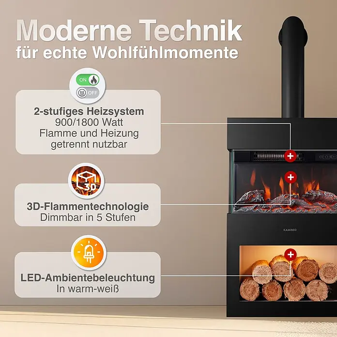 Elektrischer Kamin KAMINIO Henri mit Ofenrohr - 21,7 x 48 x 115 cm, Schwarz - Schwarzer Elektrokamin mit Flammeneffekt, Heizung und LED-Ambientebeleuchtung für Holzscheite.
