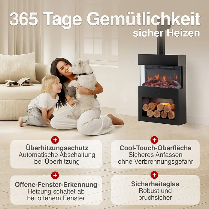 Elektrischer Kamin KAMINIO Henri mit Ofenrohr - 21,7 x 48 x 115 cm, Schwarz - Schwarzer Elektrokamin mit realistischer Flammenoptik in einem gemütlichen Wohnzimmer, neben einer Familie.