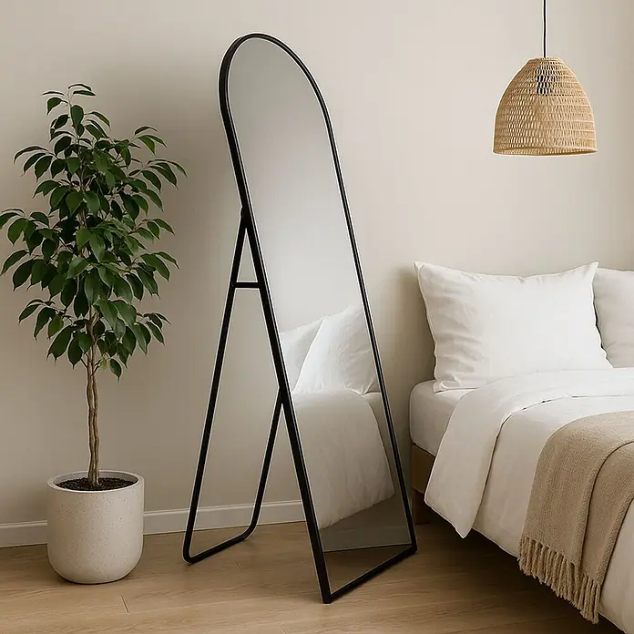 Espejo vertical Laguna - 40 x 150 cm, Negro, Aluminio - Espejo de pie negro arqueado con soporte, en un dormitorio.