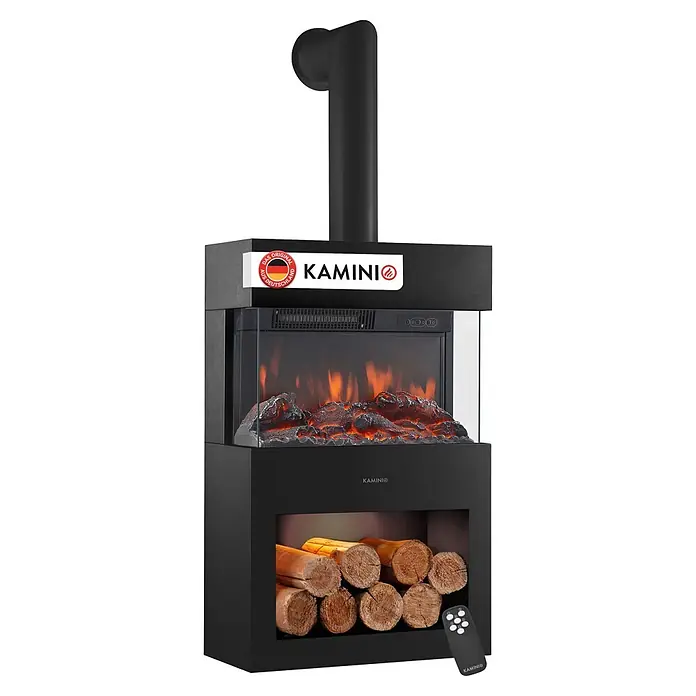 Elektrischer Kamin KAMINIO Henri mit Ofenrohr - 21,7 x 48 x 115 cm, Schwarz - Schwarzer Elektrokamin mit Schornstein, realistischem Flammeneffekt hinter Glas, Holzfach und Fernbedienung.