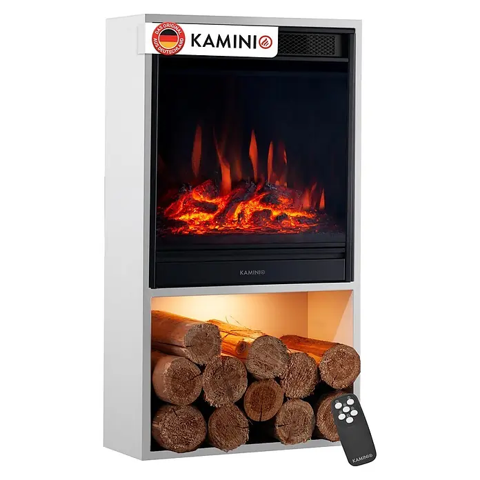 Elektrischer Kamin KAMINIO Hugo - 17 x 42 x 75 cm, Weiß - Weißer Elektrokamin mit realistischem Flammeneffekt, Holzscheiten und integriertem Holzlager. Inklusive Fernbedienung.