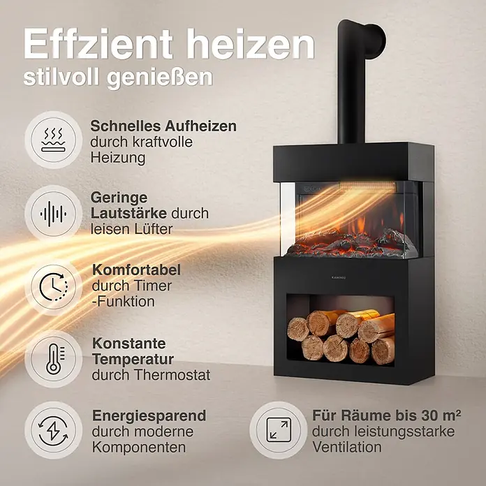 Elektrischer Kamin KAMINIO Henri mit Ofenrohr - 21,7 x 48 x 115 cm, Schwarz - Schwarzer Elektrokamin mit Holzscheiten, bewirbt effizientes und stilvolles Heizen für Räume bis 30m².