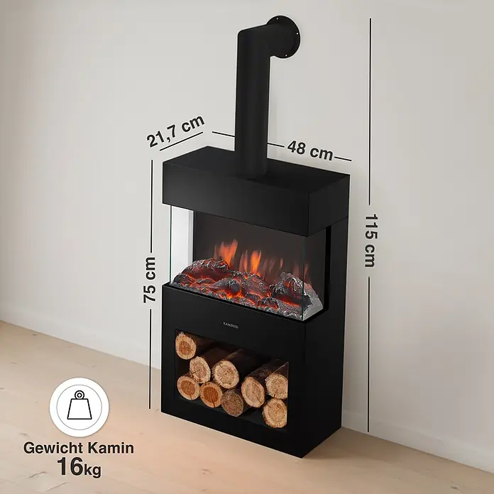 Elektrischer Kamin KAMINIO Henri mit Ofenrohr - 21,7 x 48 x 115 cm, Schwarz - Schwarzer Elektrokamin mit simuliertem Schornsteinrohr, realistischen Flammen und Holzlagerfach.