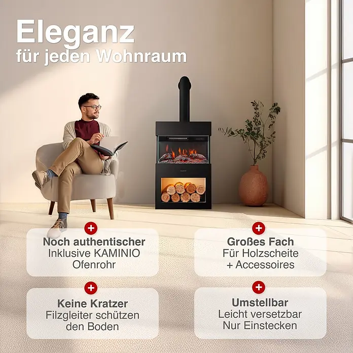 Elektrischer Kamin KAMINIO Henri mit Ofenrohr - 21,7 x 48 x 115 cm, Schwarz - Schwarzer Elektrokamin mit Ofenrohr und Holzscheitfach, in einem modernen Wohnzimmer neben einem lesenden Mann.