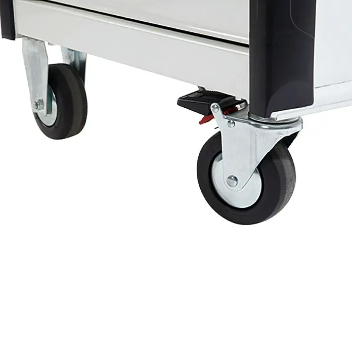 Wisent Werkstattwagen Premium White Edition - L x B x H: 67,8 x 45,9 x 105 cm, Schwarz/Weiß, Stahl - Rollwagenansicht mit Fokus auf die stabilen Räder und die Feststellbremse für einen sicheren Stand. Ideal für Werkstatt und Lager.