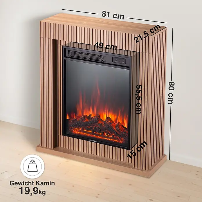 Elektrischer Kamin KAMINIO Matti 32 - 21,5 x 81 x 80 cm, Paneel - Freistehender Elektrokamin mit heller Holzlamellenverkleidung und schwarzem Flammeneinsatz.