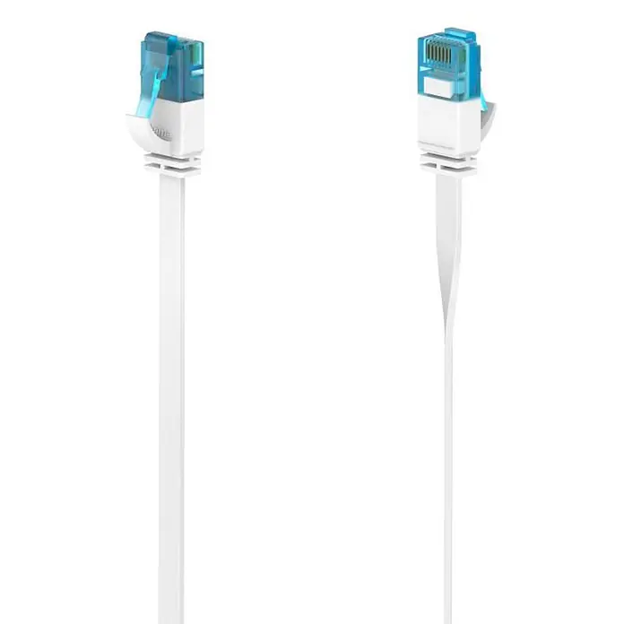 Hama Netzkabel 00200687 CAT-6a 10 Gbit/s U/UTP flach - Weiß, Länge: 15 m - Flaches weißes Ethernet-Kabel mit blau-weißen RJ45-Steckern.