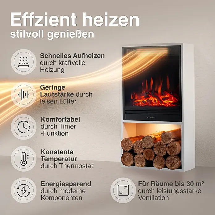 Elektrischer Kamin KAMINIO Hugo - 17 x 42 x 75 cm, Weiß - Weißer Elektrokamin mit Holzscheitfach und Beschreibungen der Funktionen.