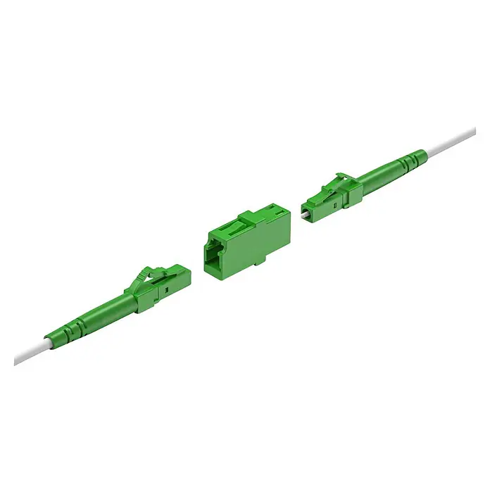 Hama Glasfaser-Netzwerkkabel 00200801 LC/APC - Grün - Grüne LC/PC Duplex-Lichtwellenleiter-Stecker und -Adapter, zur Verbindung getrennt dargestellt.