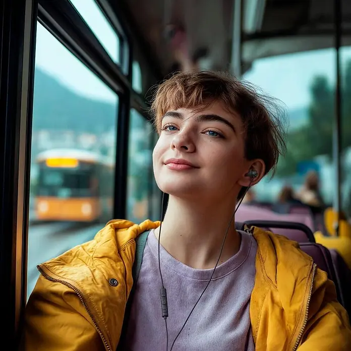 Hama Kopfhörer "Calm" In Ear - Schwarz - Person trägt graue kabelgebundene In-Ear-Kopfhörer mit Inline-Fernbedienung und hört Musik im Bus.
