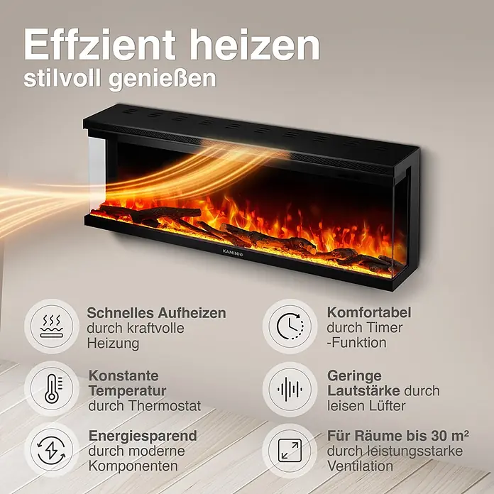 Elektrischer Kamin KAMINIO Lea 50 - 20 x 127 x 43 cm, Schwarz - Moderner schwarzer Elektrokamin mit realistischer Flammenoptik und effizienten Heizfunktionen.