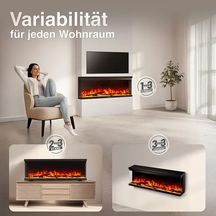Elektrischer Kamin KAMINIO Lea 50 - 20 x 127 x 43 cm, Schwarz - Elektrokamin mit drei vielseitigen Installationsmöglichkeiten: Einbau, Stand und Wandmontage, passend für jedes Wohnzimmer.