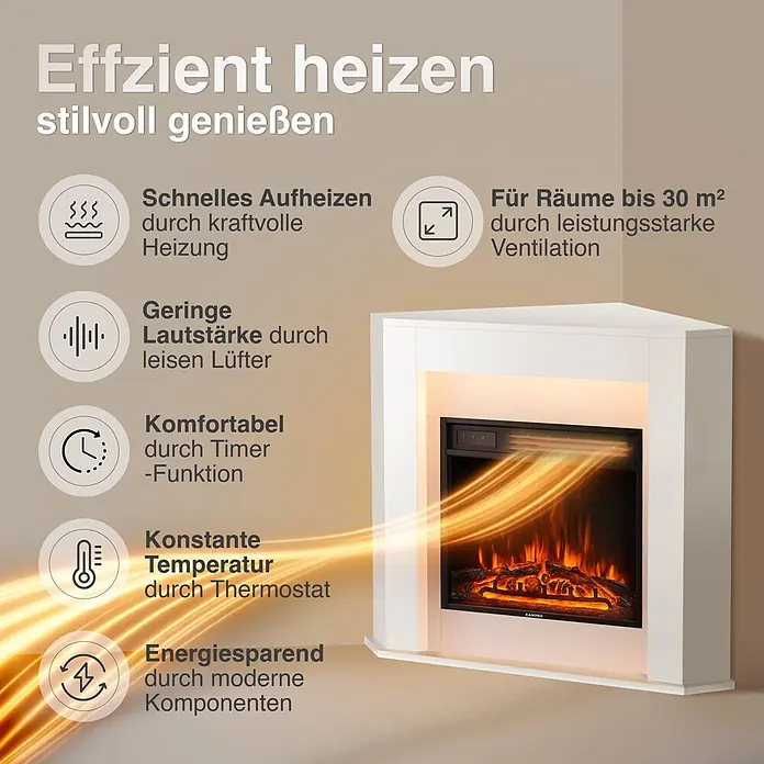 Elektrischer Kamin KAMINIO Matti Ecke - 51 x 85 x 72,5 cm, Weiß - Weißer, stilvoller Eck-Elektrokamin mit realistischer Flammenoptik und effizienter Heizfunktion.