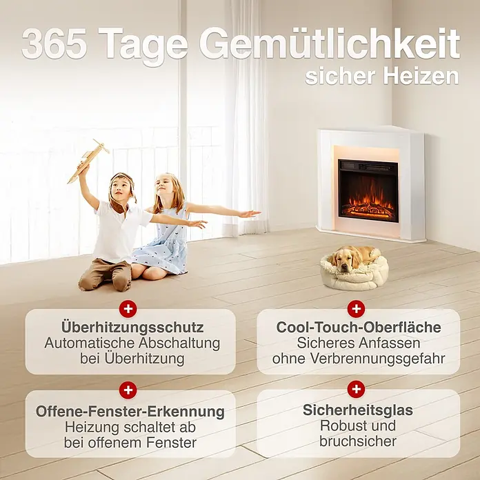 Elektrischer Kamin KAMINIO Matti Ecke - 51 x 85 x 72,5 cm, Weiß - Weißer elektrischer Eckkamin in einem Raum mit spielenden Kindern und einem ruhenden Hund, der Sicherheitsfunktionen zeigt.