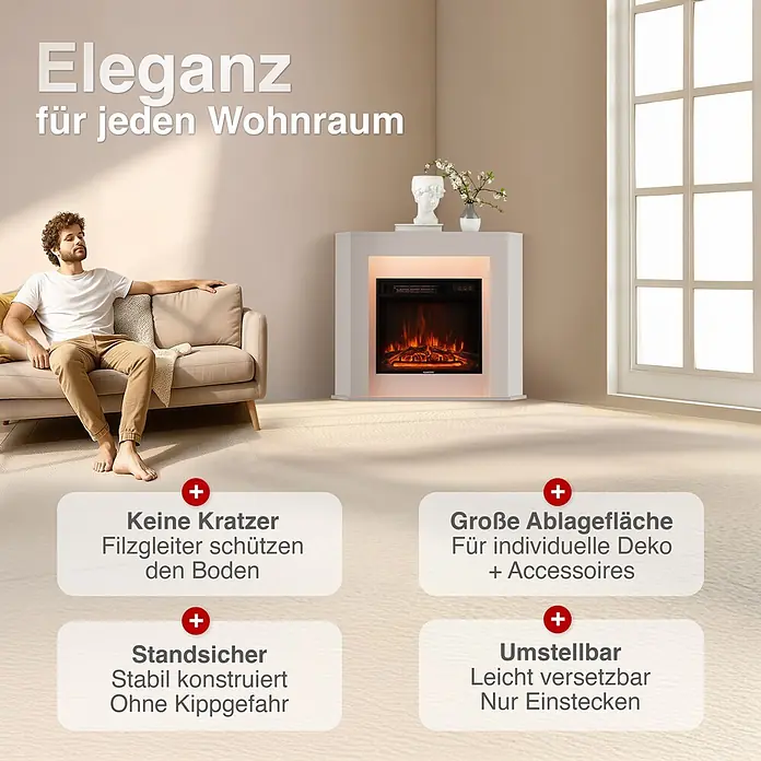 Elektrischer Kamin KAMINIO Matti Ecke - 51 x 85 x 72,5 cm, Weiß - Elektrischer Eckkamin in hellem Design, mit einer Person, die auf einem Sofa im Wohnzimmer entspannt.