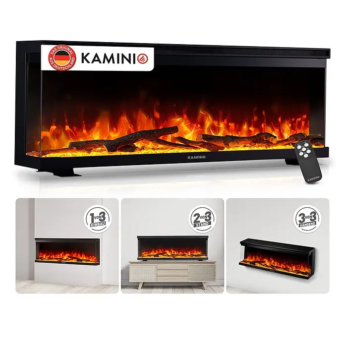 Elektrischer Kamin KAMINIO Lea 50 - 20 x 127 x 43 cm, Schwarz - Schwarzer Elektrokamin mit realistischem Flammeneffekt und Holzscheiten, inklusive Fernbedienung. Für Einbau, Stand oder Wandmontage.