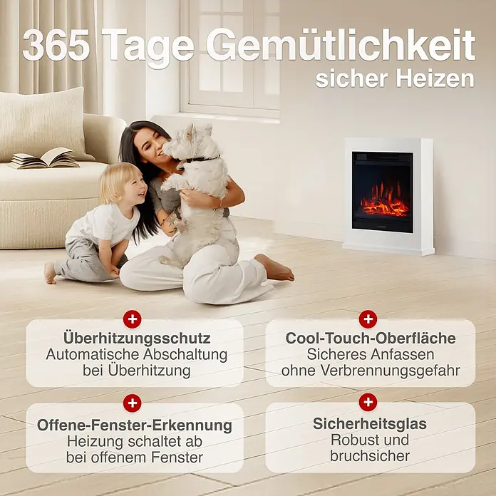 Elektrischer Kamin KAMINIO Kalle - 18 x 51 x 65 cm, Weiß - Weißer Elektrokamin mit Flammeneffekt, der in einem gemütlichen Wohnzimmer eine Familie wärmt und Sicherheit betont.