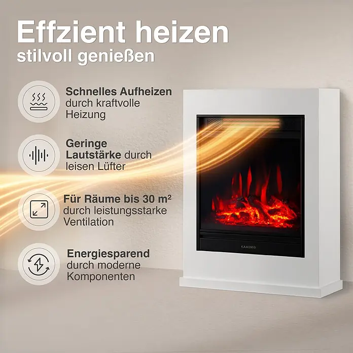 Elektrischer Kamin KAMINIO Kalle - 18 x 51 x 65 cm, Weiß - Weißer Elektrokamin mit realistischem Flammeneffekt und Heizelement.