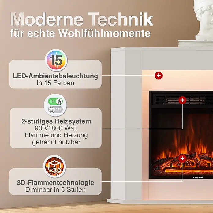 Elektrischer Kamin KAMINIO Matti Ecke - 51 x 85 x 72,5 cm, Weiß - Weißer Elektrokamin mit realistischer 3D-Flamme, 2-stufiger Heizung und 15-farbiger LED-Beleuchtung.